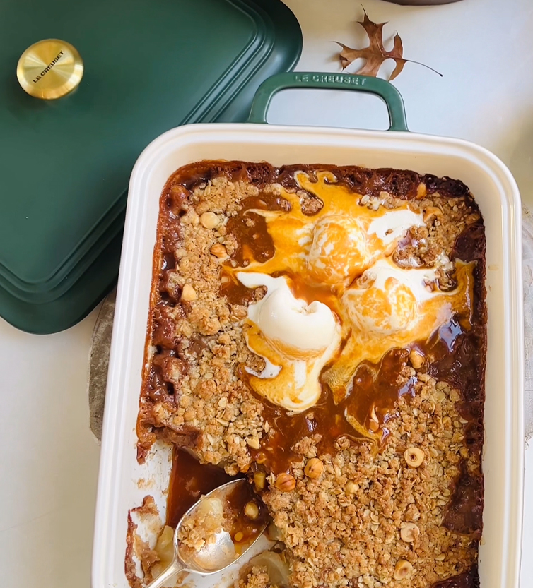 Pear & Hazelnut Crumble with Cardamom Caramel Sauce
